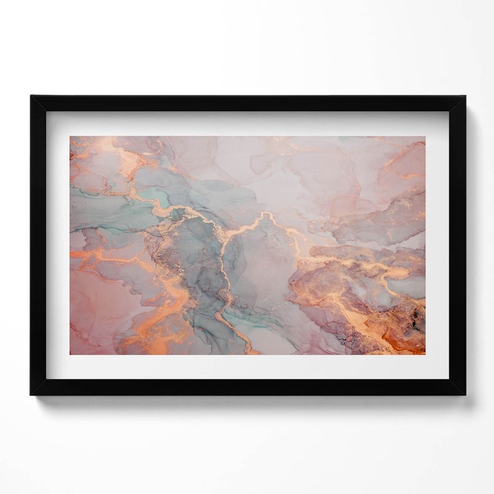 Tablou Inramat, Wallfluent, Marmura cu aur, Rama negru, 60x40 cm,010330010110200280406