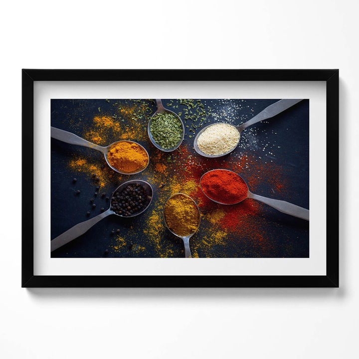 Tablou Inramat, Wallfluent, Linguri de bucatarie cu condimente colorate, Rama negru, 60x40 cm,010330010110200280016