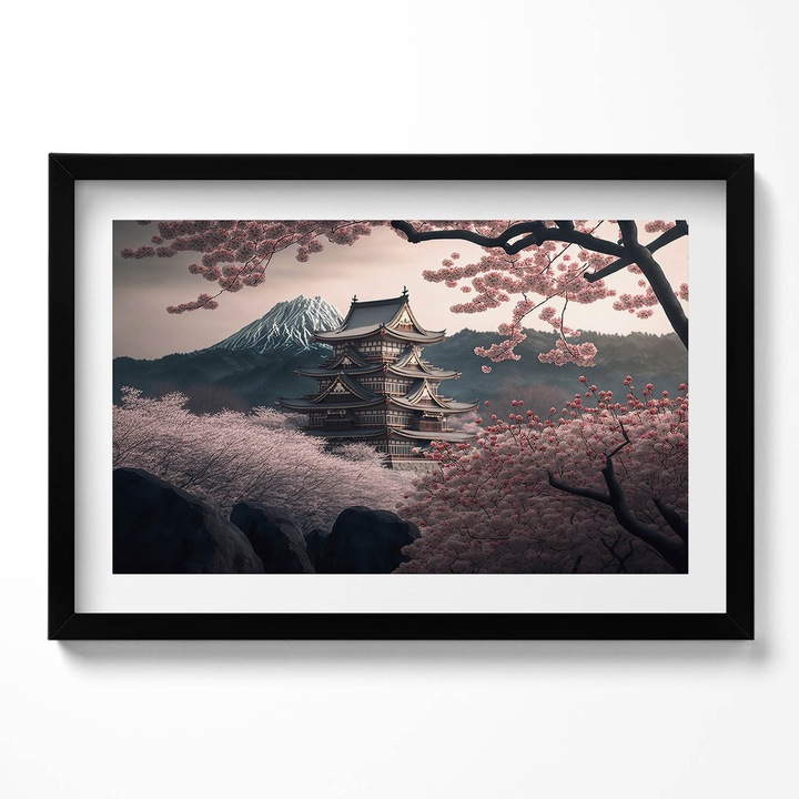 Tablou Inramat, Wallfluent, Turnul asiatic si flori de cires, Rama negru, 60x40 cm,010330010110200280237