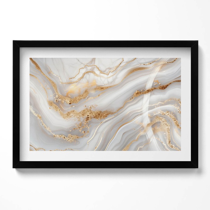 Tablou Inramat, Wallfluent, Textura de marmura cu aur, Rama negru, 60x40 cm,010330010110200280961