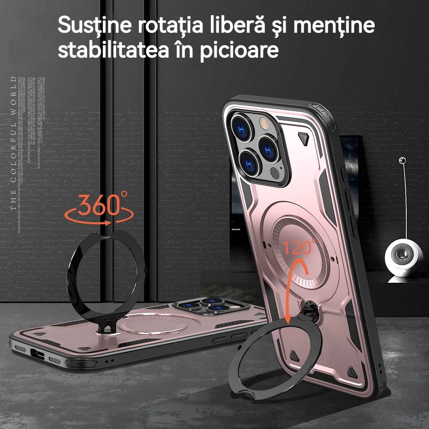 Husa de protectie, YSBER, Compatibila iPhone 16 Pro Husa telefon, protectie anti-soc, Rezistent la socuri, Suport inel, TPU, Auriu rose