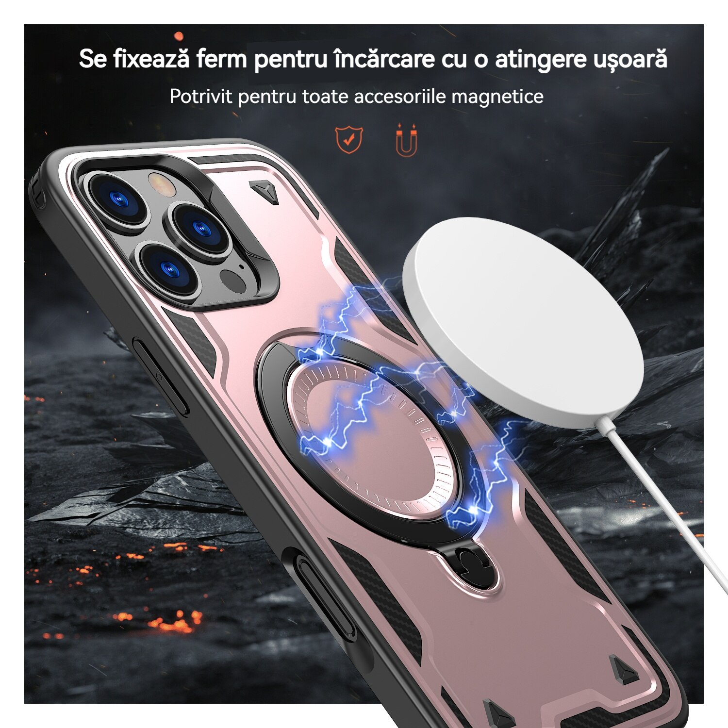 Husa de protectie, YSBER, Compatibila iPhone 16 Pro Husa telefon, protectie anti-soc, Rezistent la socuri, Suport inel, TPU, Auriu rose