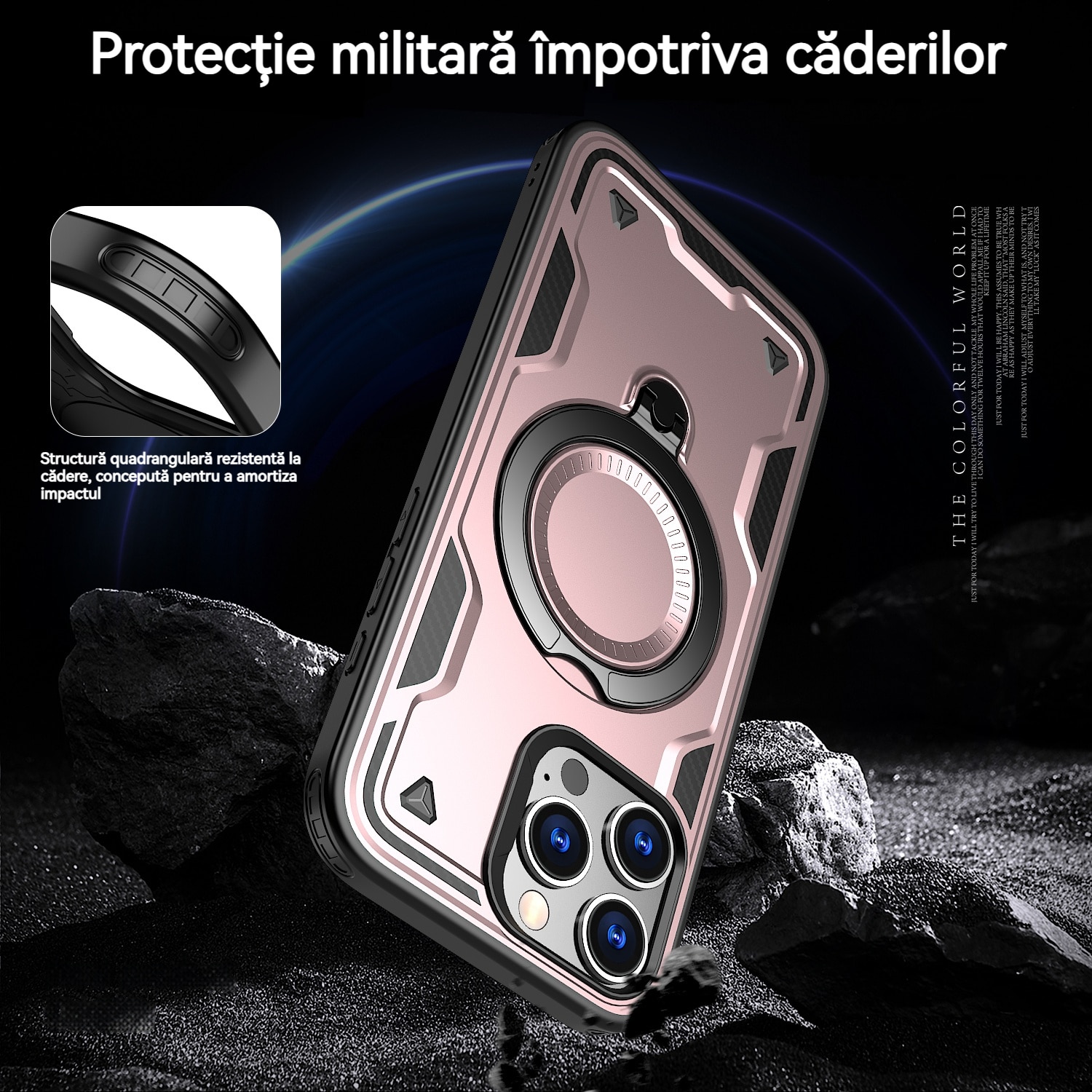 Husa de protectie, YSBER, Compatibila iPhone 16 Pro Husa telefon, protectie anti-soc, Rezistent la socuri, Suport inel, TPU, Auriu rose