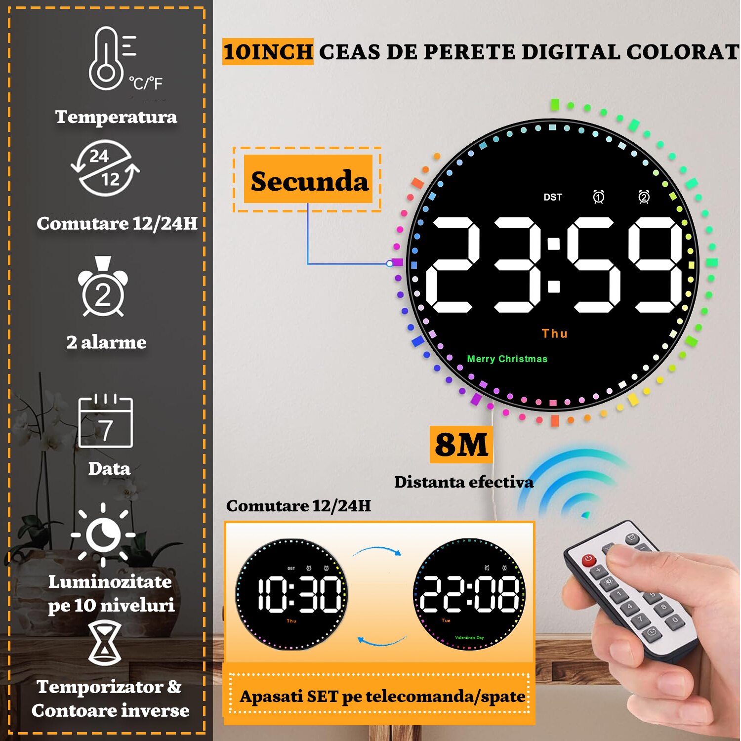 Ceas Digital, BYONDSELF®, Rotund, Secundar LED Colorat, 10 Nivele de ...