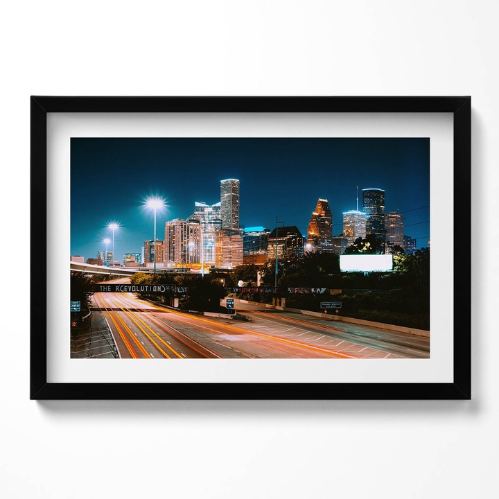 Tablou Inramat, Wallfluent, Orasul Houston noaptea, Rama negru, 60x40 cm,010330010110200280297