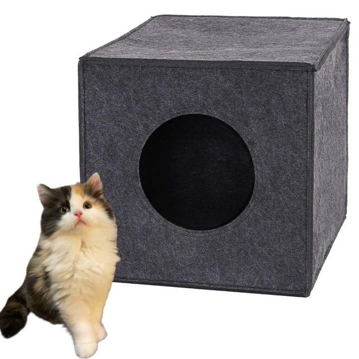 Cuib pentru pisici, patrat semiinchis, pliabil, lavabil, 33x37x33cm, gri