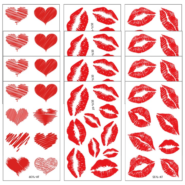 Set de 12 tatuaje temporare Enforose, rezistente la apa, pentru fata si corp, 12x6.9cm, Ziua Indragostitilor