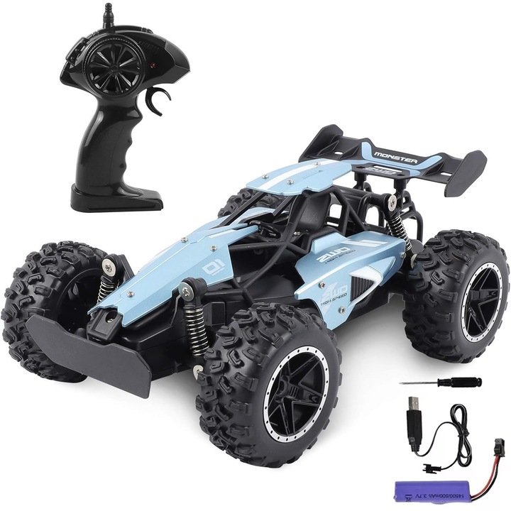 Masina cu telecomanda 2.4GHz, 1:18, tractiune pe doua roti, viteza maxima de 15 km/h, masina mini rapida off-road, potrivita pentru copii si adulti peste 6 ani, jucarie ideala pentru exterior, cadouri pentru copii, Albastru