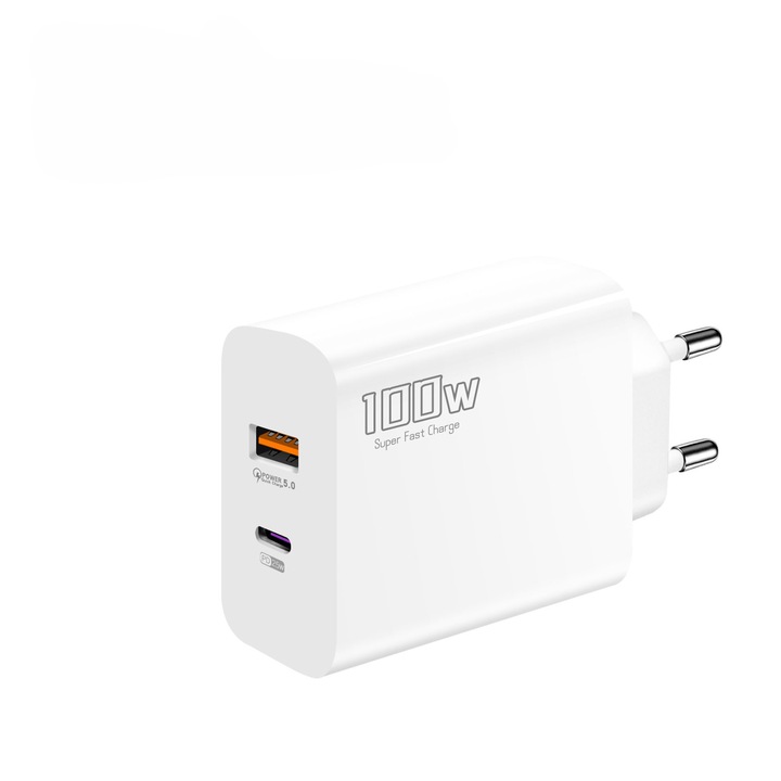 Töltőadapter mobiltelefonokhoz és táblagépekhez, 100 W-os kettős gyorstöltő PD adapter, 1 USB port + 1 PD port, fehér