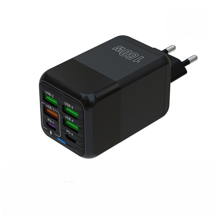 Töltőadapter mobiltelefonokhoz és táblagépekhez, 150 W-os kettős gyorstöltő PD adapter, 3 USB port + 2 PD port, Fekete