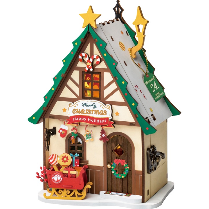 3D fa puzzle, Robotime, DIY karácsonyi dekoráció, könyvtartó, csillogó karácsonyi ház, 99 darab