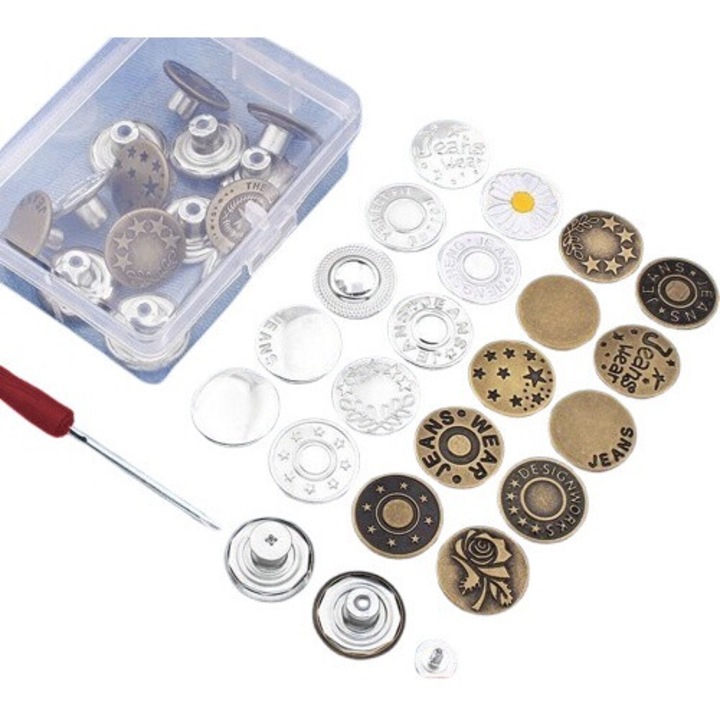 Set 38 Butoni Jeans, Stil model aleatoriu，Nasturi detasabili fara cusut，Ajustezi talia blugilor in 30 de secunde，17mm, Metal