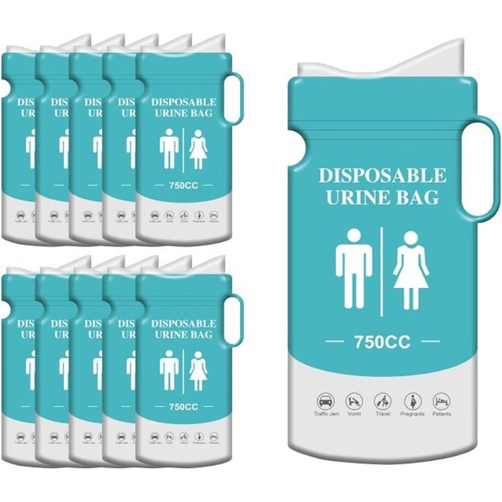 Set 10 pungi de urina de unica folosinta Sparkle Tmax, absorbtie superioara, 750 ml, usor de transportat, pentru calatorii, camping, urgente in aer liber