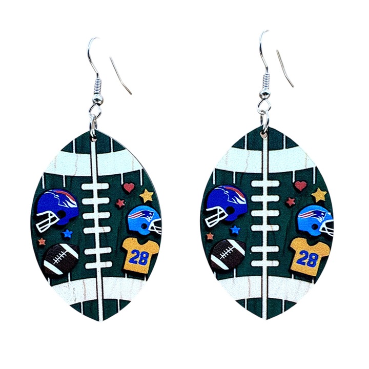 Cercei dama, Enforose, lemn, model minge rugby, 6.5x4.2cm