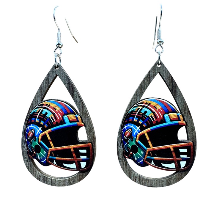 Cercei din lemn cu pandantiv rugby, Enforose, multicolor, 6.5x4.2cm, set 1 pereche