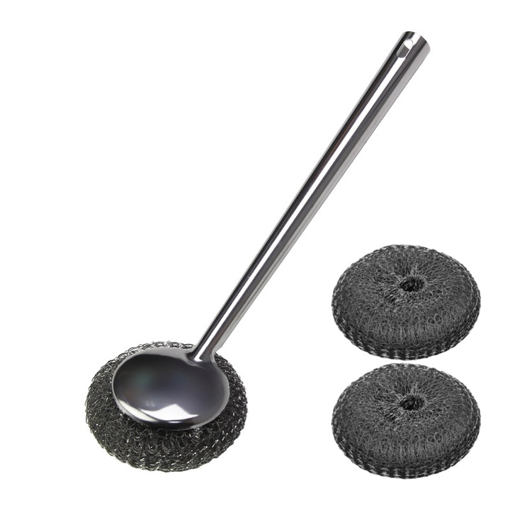 Burete din otel inoxidabil 410 cu maner lung, 30.5x9cm, argintiu, set cu 2 capete de perie interschimbabile