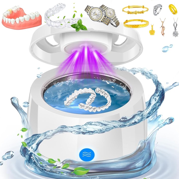 Aparat de curatare ultrasonica pentru proteze dentare, Puepoul, UV, 180ML, Portabil, Pentru alignere, bijuterii, gutiere, Alb