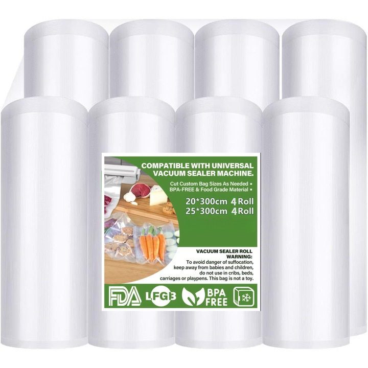 Комплект от 8 универсални ролки за вакуумиране на храна YUUIKLLE ® с размери 20 х 300 см, 25 х 300 см универсални за всички устройства за вакуумиране, супер устойчиви, без BPA