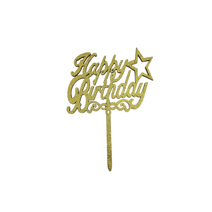 Topper pentru tort auriu, Happy Birthday, Auriu sclipici, Wow Shop Online