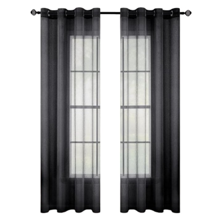 Perdele cu inele, MIULEE, 140 x 215 cm, transparente, perfecte pentru usi si ferestre dormitor si living, set de 2, Negru
