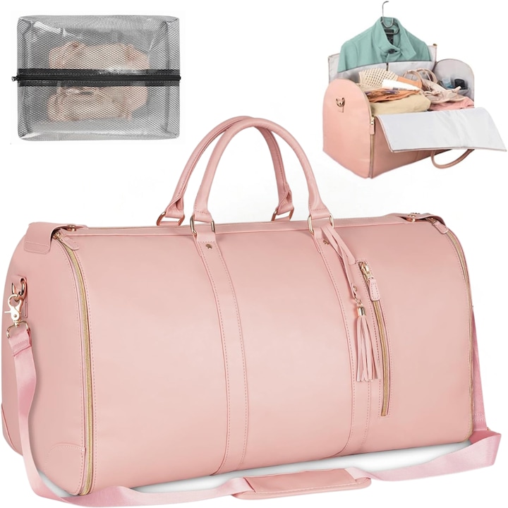 Geanta de Calatorie Multifunctionala 2-in-1, Organizator Haine Dasbo®, Buzunare Multiple, Compartiment Pantofi, Design Anti-Sifonare, Bagaj de Mana pentru Avion, Impermeabila, Piele Ecologica, Roz Elegant, 52x32x18 cm