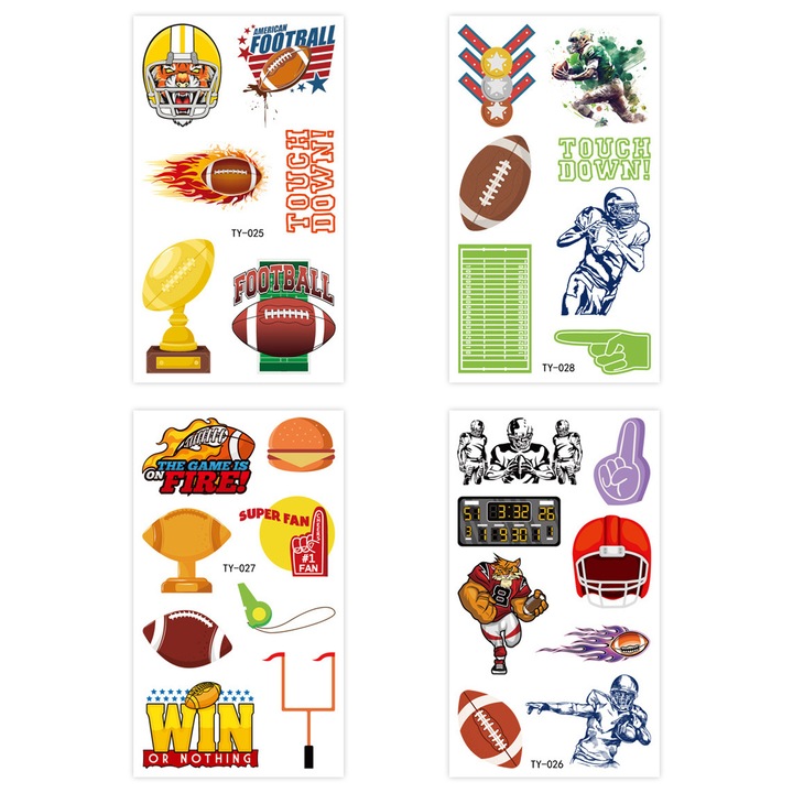 Set de 4 tatuaje temporare cu mingea de rugby, PVC, 69x120mm