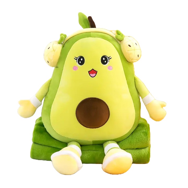 Jucarie de plus multifunctionala, dimensiuni 25x30x30cm, cu Paturica pufoasa, dimensiuni 180x100cm, Model Avocado, Culoare Verde Inchis ABYZ™