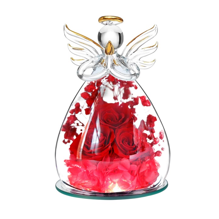 Figurina inger cu trandafir conservat, decor luminos, sticla, 15x10cm