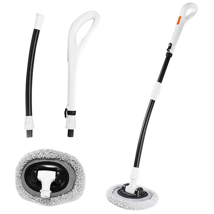 Mop pentru spalarea masinii, CooTooLa®, cu maner retractabil si flexibil, cap din microfibra, Alb/Negru