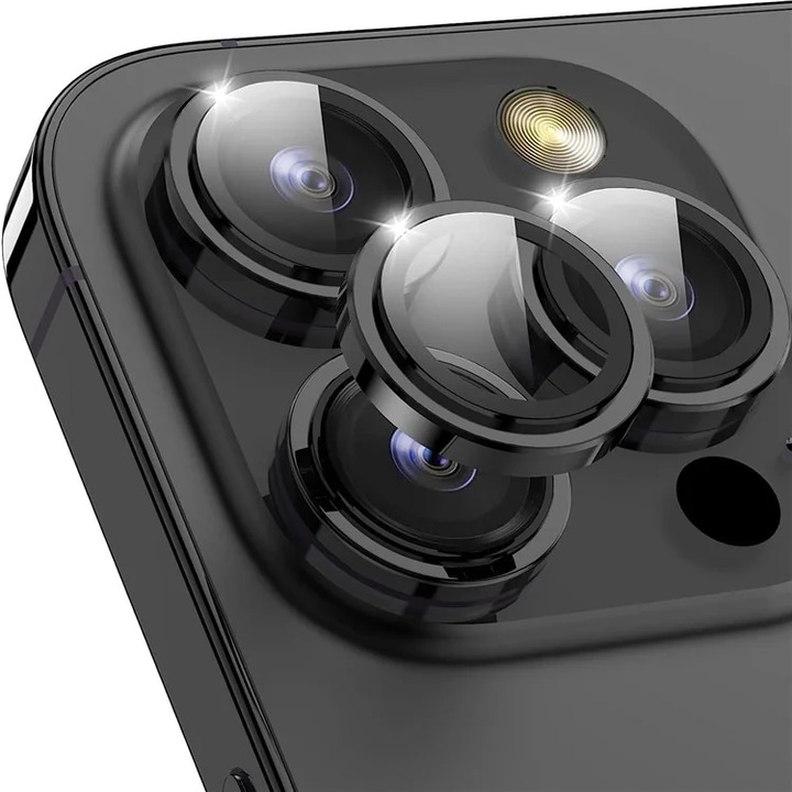 Kameravédő készlet Apple iPhone 16 Pro / iPhone 16 Pro Max készülékekhez, Edzett üveglencsék, Fekete alumínium keret, 3 db