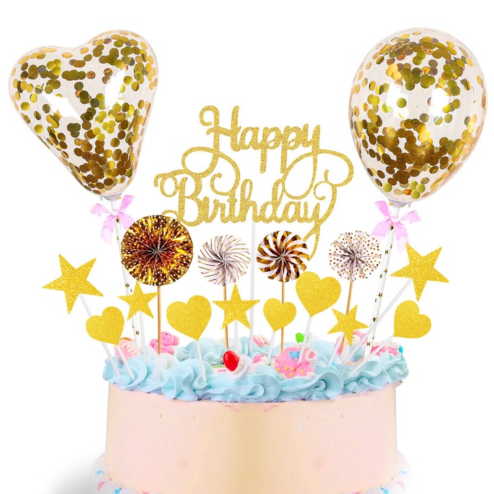 Set decorativ tort de ziua de nastere, Tyrael-SEA, baloane, mori de vant, aurie