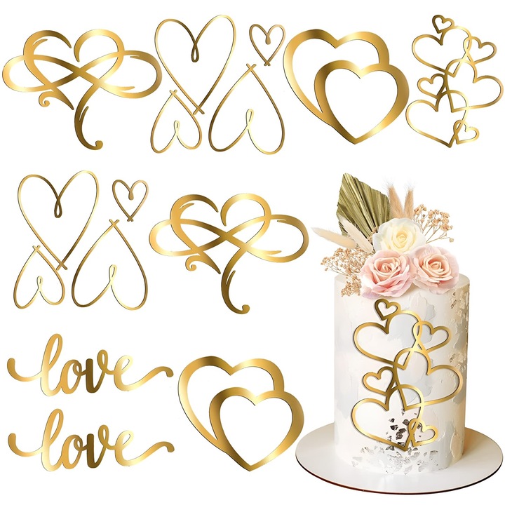 Set accesorii pentru tort din acril, Tyrael-SEA, decorare tematica, auriu