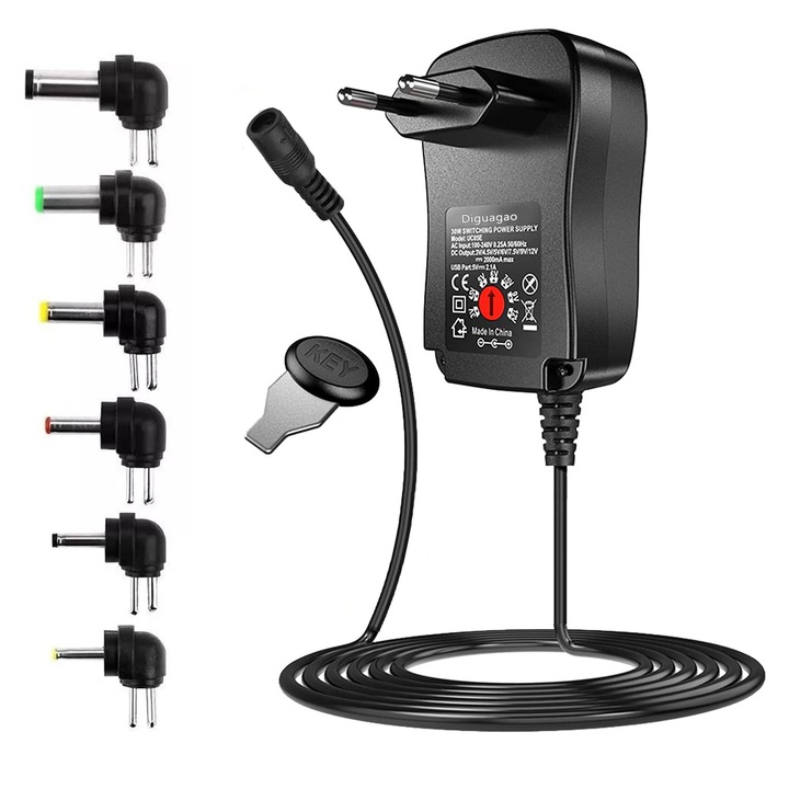 Alimentator Stabilizat Reglabil, REDKID®, 30 W, 3V-12V, 6 porturi adaptor multi-tensiune, AC to DC, pentru routere cu banda LED Camere CCTV TV Box WLAN, Negru