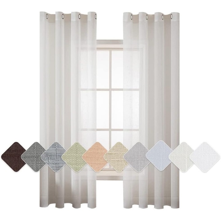 Пердета с халки, MIULEE, полупрозрачни, с ленена текстура, 140 x 245 см, Комплект от 2 бр., Бяло