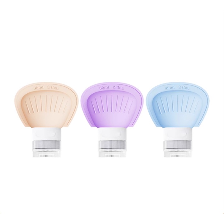 Set 3 Sticla portabila de voiaj, Bliibee®, Moale si anti-cadere, Poate fi reciclat, Vine cu peri pentru curatare profunda, 60ML, multicolor