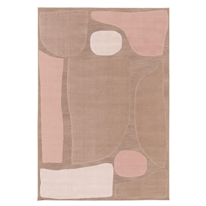 Covor living / dormitor Ray 24513-252, 160 x 230 cm, polipropilena, roz + bej, dreptunghiular