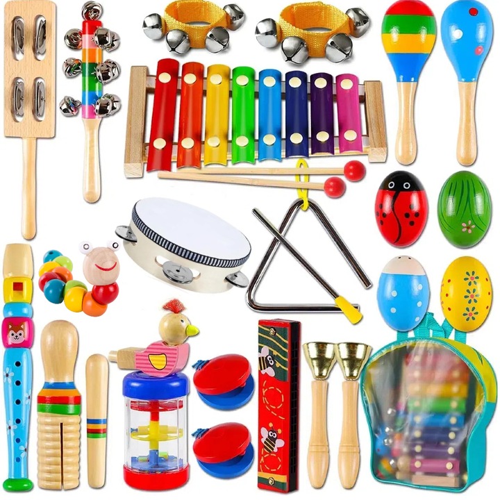 Set instrumente muzicale din lemn pentru copii, Gkllonve, 23 piese, juniorii muzicieni, 3-6 ani, multicolor
