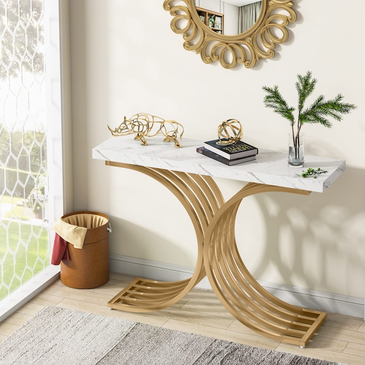 Masa consola moderna, Tribesigns, 100x30cm, alb, 80cm inaltime, picioare metalice geometrice