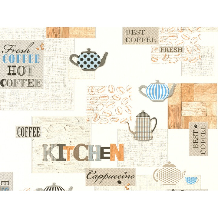 Tapet Slavyanski Oboi, Coffee Lunch 5791-01, tema cafea, multicolor, superlavabil, vinil, rezistent la apa, pentru bai si bucatarii, rola 0.53 m x 10.05 m