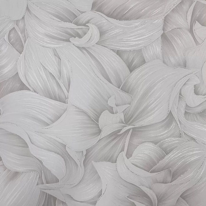 Tapet Slavyanski Oboi, Flori de crin 5860-01, floral, alb-gri, superlavabil, vinil, rezistent la apa, pentru bai si bucatarii, rola 0.53 m x 10.05 m