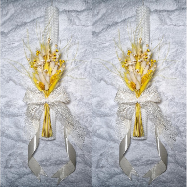 Set 2 lumanari cununie, nunta sau botez din ceara naturala decorate cu flori uscate, Alb cald, 40.5 cm