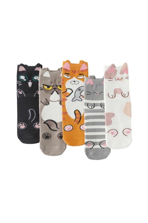 Set de 5 perechi Sosete Dama, design pisici graffiti, multicolor, marime 35-40