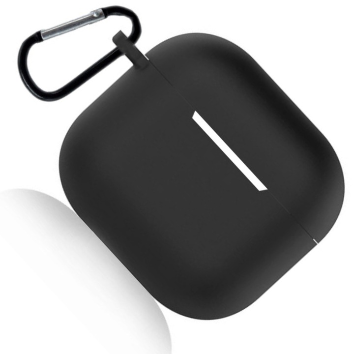 Husa pentru Apple AirPods 4, din Silicon Moale, cu Breloc Carabina, Protectie de siguranta, rezistenta la uzura si durabila, Incarcare Wireless, Subtire, Negru
