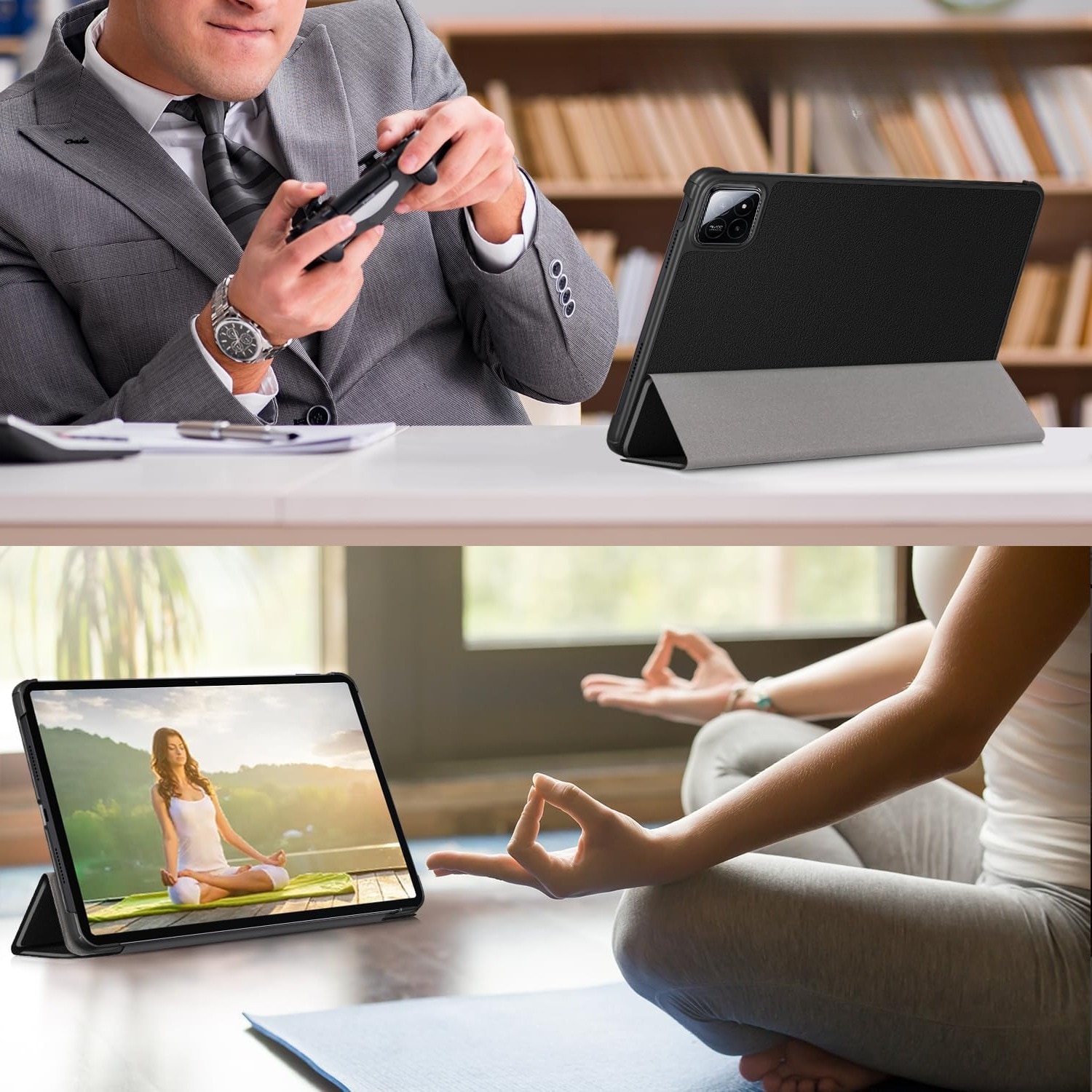 Husa compatibila cu Samsung Galaxy Tab S9 FE Plus, Tip carte, Silicon, durabil, confortabil, Protectie completa, Stand, Negru, Husa tableta, Accesoriu, Protectie dispozitiv, Husa cu suport, Business, britanic, minimalist