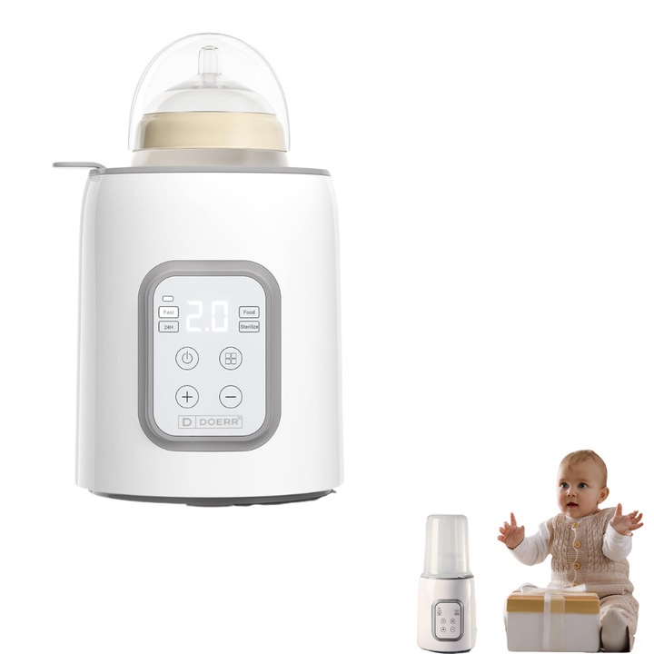 Incalzitor si Sterilizator Biberoane, DOERR, Dezghetare, Incalzire rapida, Mentinere la cald 24H, Sterilizare, Incalzirea alimentelor, Timer, BPA free, Alb