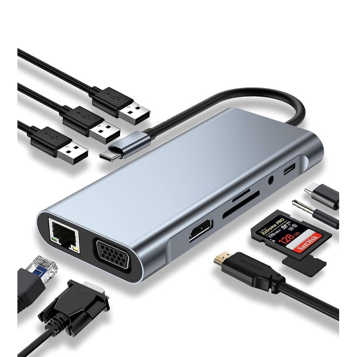 HUB USB-C 10-in-1, TICUSAN, conectare 2 monitoare, alimentare, audio, retea si date - port 4K HDMI, VGA, USB 3.0 5Gbps, 3*USB2.0, 3.5mm Audio Jack, SD/TF