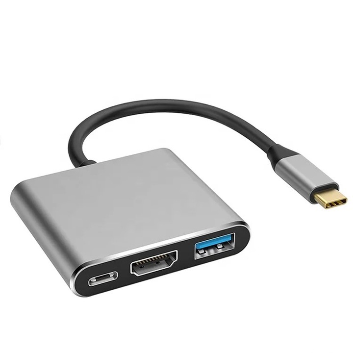 Hub Adaptor 3 in 1, USB TYPE-C - 1X USB 3.0, 1X USB TYPE-C, 1X HDMI, Gri
