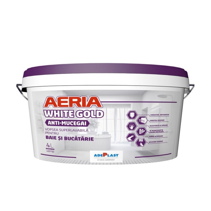 Penészedésgátló szuper mosható festék, belső, Adeplast Aeria White Gold, fürdőszoba és konyha, fehér, 4 L
