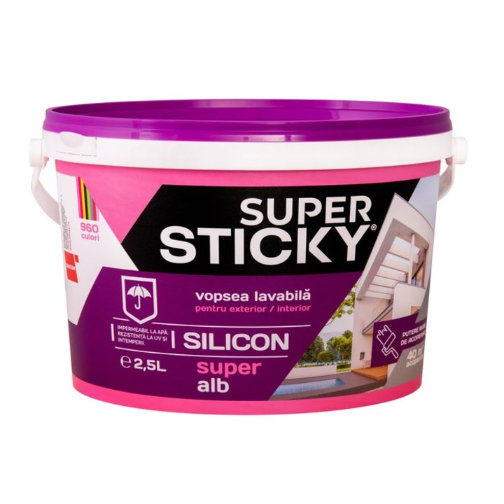 Vopsea superlavabila exterior, Super Sticky, alba, 2.5 L