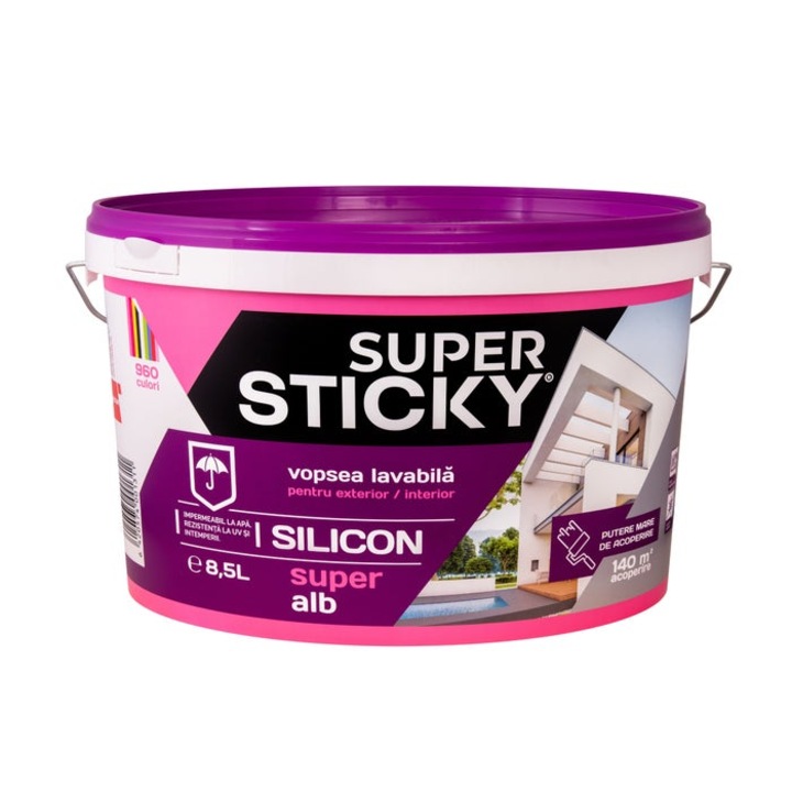 Vopsea superlavabila exterior, Super Sticky, alba, 8.5 L